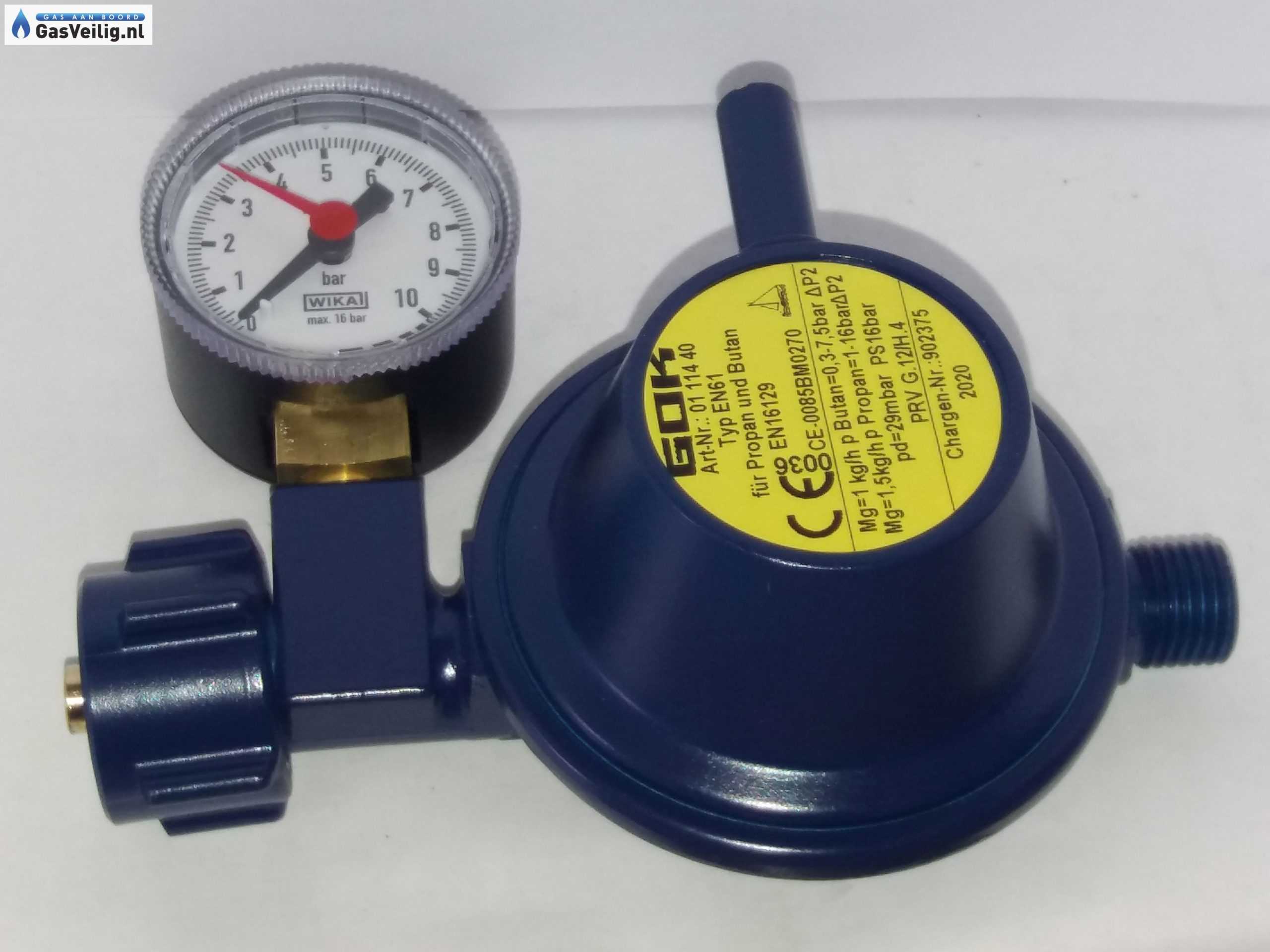 Gok Marine drukregelaar 30 mbar met manometer, 1/4 linkse uitgang en Shell ingang