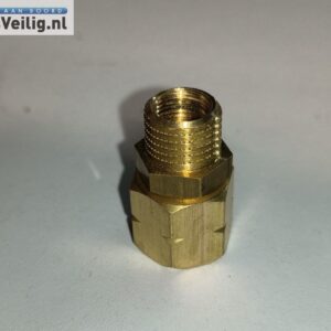 Messing verloop 1/4 links binnendraad naar 1/4 rechts buitendraad