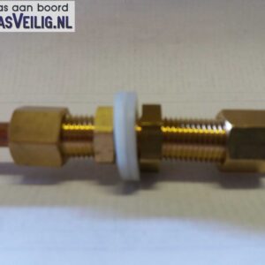 Messing Schotdoorvoer / schotkoppeling voor 8mm koperen gasleiding, uitgeboord!