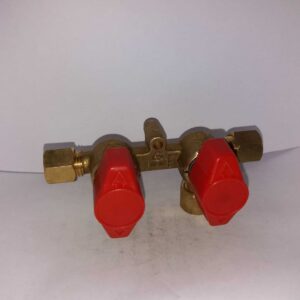 Alternative view of Snelsluitkraan / Afsluiter 2 x 8 mm knel met messing ringen en wartelmoeren.